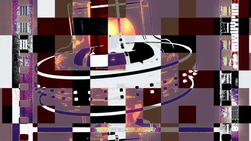 Rotating 3D model with film reel overlay and digital distortion and pixelation effects. Ideal for technology, glitch, or abstract video projects.