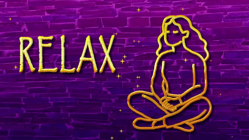 RELAX, golden text and silhouette of female sitting in lotus seat on pink purple brick wall background, 10s4k video art, special effects liquid metal appearing, calming, digital postcard for family