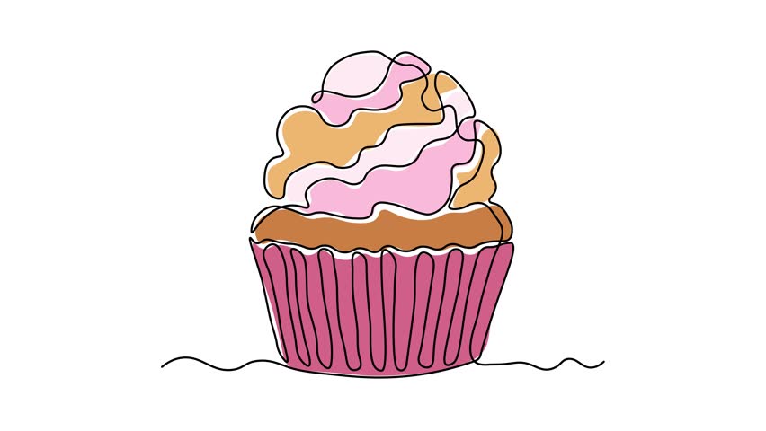 Abstract cake with cream, muffin, cupcake. Self drawing animation one continuous line draw, logo