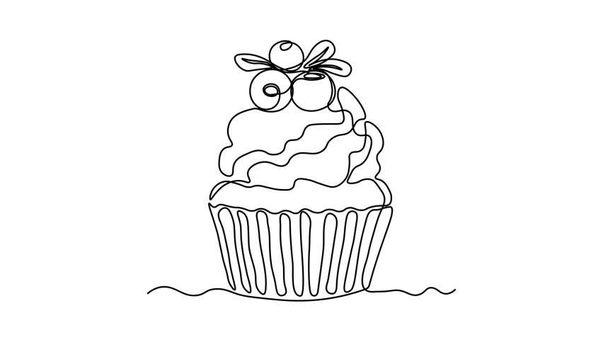 Abstract cake with cream and berry cranberry, muffin, cupcake. Self drawing animation one continuous line draw, logo