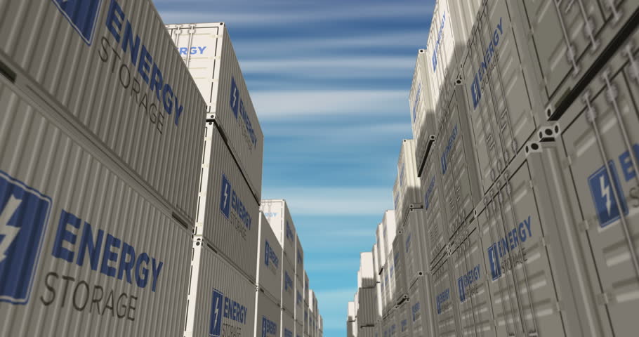 Energy storage cargo containers in row seamless and loopable business concept. Battery station industrial shipping box 3d loop.