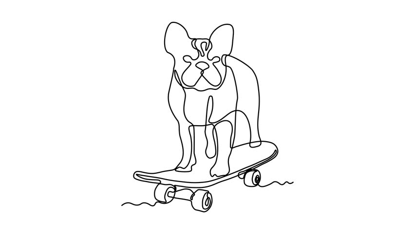  Abstract bulldog on Skateboard. Self drawing animation one continuous line draw, logo