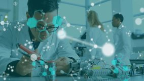 Technician adjusting soldering iron in tech lab activating code overlays guiding circuit testing. Engineering, innovation, technology, collaboration, precision, modern, laboratory - Powered by Shutterstock - Get 15% off with code: PIKWIZARD15