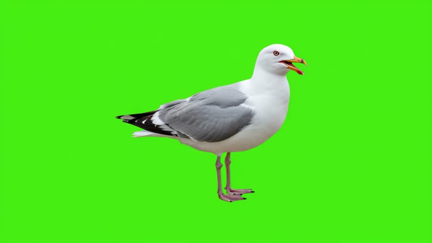 Seagull Standing Isolated on Green Background	
