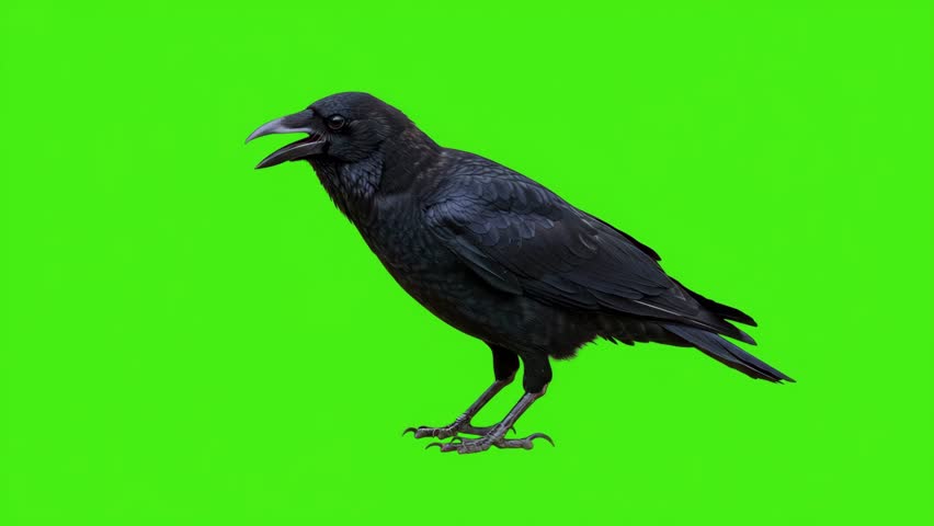 Black Crow Isolated on Green Screen Background	