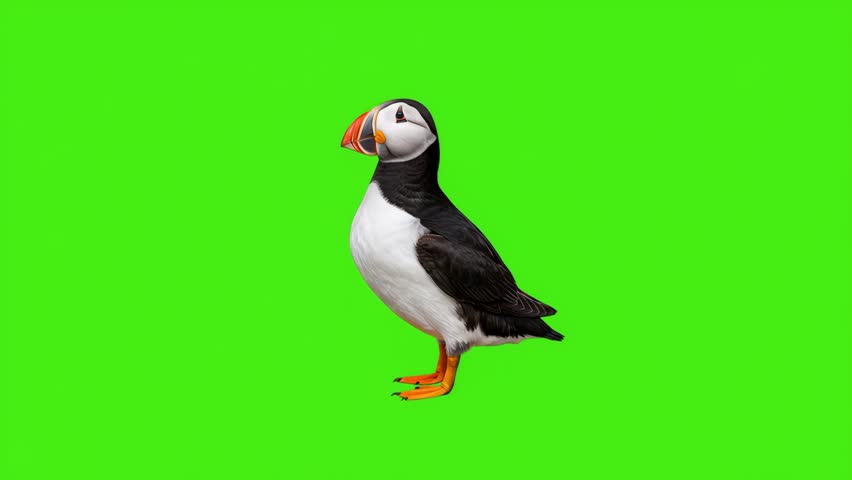 Puffin Bird Isolated on Green Screen Background	