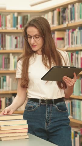 VERTICAL VIDEO: University student using a tablet to search for books in the library. Modern academic research, project research, exam preparation. Woman reading or studying academic knowledge goal