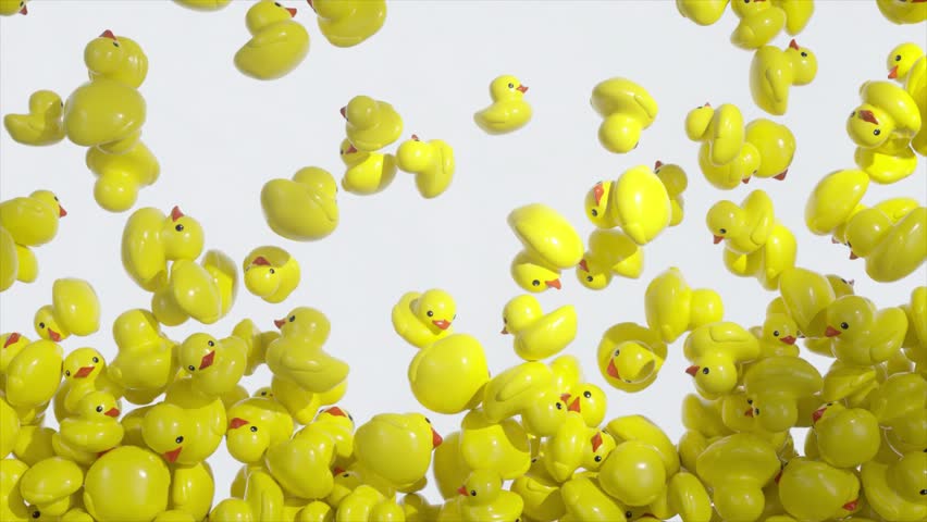 Group of vibrant yellow rubber ducks cascading and gradually accumulating in dynamic, playful motion against pristine white studio background, creating whimsical visual pattern. 3D Illustration - Powered by Shutterstock - Get 15% off with code: PIKWIZARD15