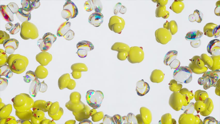 Yellow rubber ducks cascading onto pristine white surface, progressively filling frame with transparent iridescent spheres, creating playful visual narrative of childhood whimsy. 3D Illustration - Powered by Shutterstock - Get 15% off with code: PIKWIZARD15