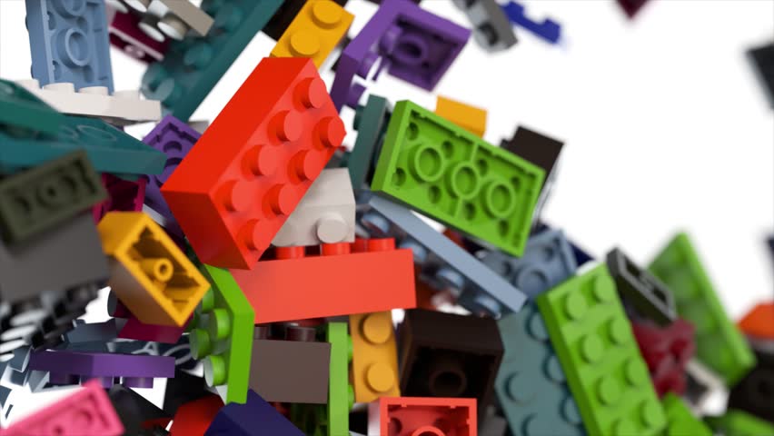 Colorful plastic construction bricks are falling, bouncing, and accumulating on a clean white background, creating a vibrant and playful scene. 3D Illustration