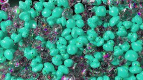 Playful turquoise rubber ducks and shimmering iridescent soap bubbles cascading against deep black background, gradually building dynamic multilayered pile with whimsical movement. 3D Illustration - Powered by Shutterstock - Get 15% off with code: PIKWIZARD15