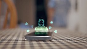 Smartphone lying on table with 3D Hologram of Hacker and Malware bugs. Concept of Mobile Phishing scam, Ransomware, and Data theft warning - Powered by Shutterstock - Get 15% off with code: PIKWIZARD15