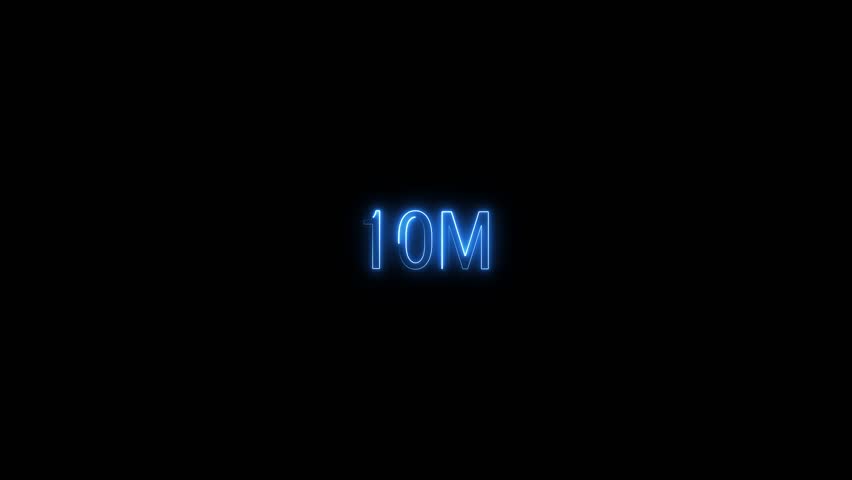 10 Million achievement for social media videos. Neon 10m text animation on black background.