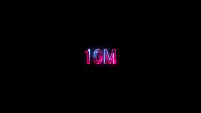 10 Million achievement for social media videos. Neon 10m text animation on black background.