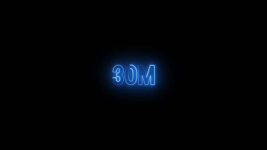 30 Million achievement for social media videos. Neon 30M text animation on black background.