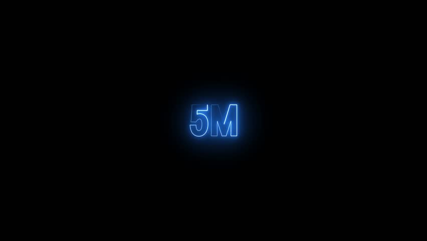 5 Million achievement for social media videos. Neon 5M text animation on black background.