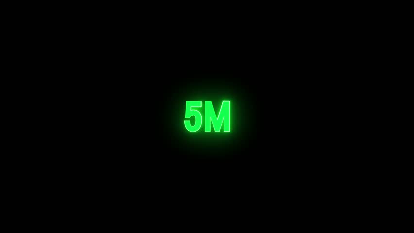 5 Million achievement for social media videos. Neon 5M text animation on black background.