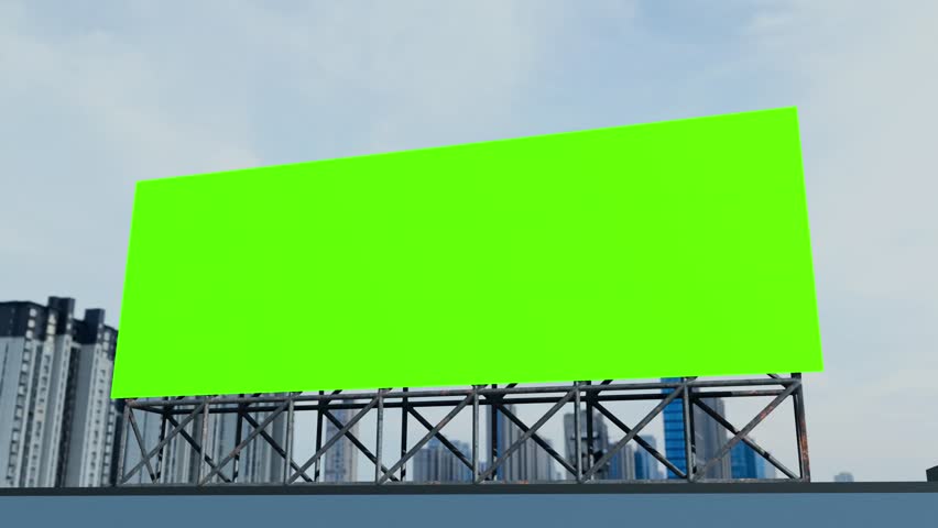 A billboard on a green screen on top of a tall building in the middle of the city is being shown with a camera animation on horseback.