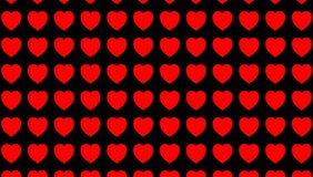 Rotating loop scene of repeating vivid red hearts pulsating between big , small sizes aligned on bright black background, forming a dynamic romantic pattern with playful pop-art flair. Concept of love - Powered by Shutterstock - Get 15% off with code: PIKWIZARD15