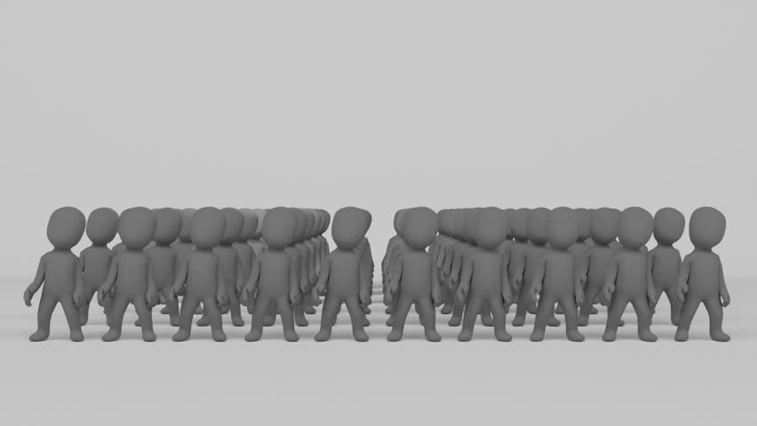 A stylized 3D crowd of 60 gray characters is shown in an ordered formation, transitioning from a front view to a top-down view in a minimal white environment.