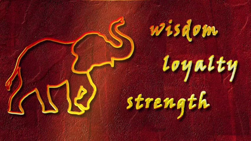 Wisdom loyalty strength, golden text next to silhouette of strong elephant on red wall, spotlight on elephant, liquid metal drawing, 10s 4k video art, special effects, dramatic reveal digital postcard