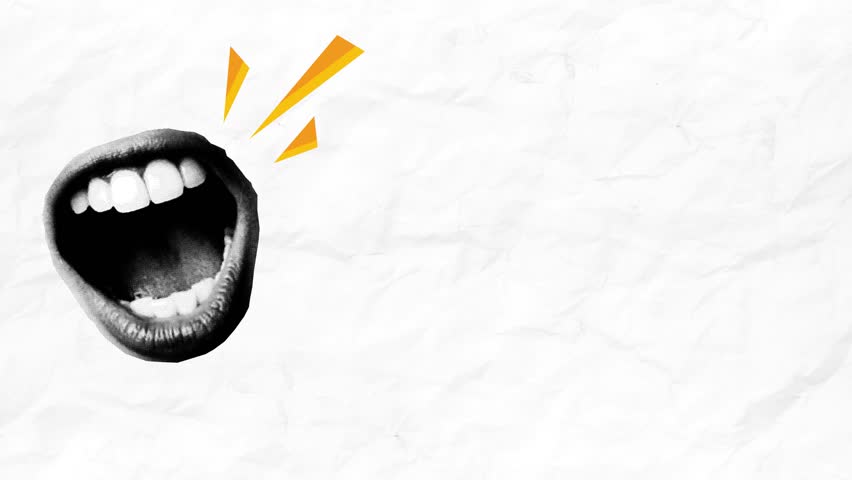 Halftone collage mouth open in a scream. Triangles fly out of it like an abstract sound.