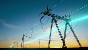 Visualizing the flow of electricity in the form of glowing particles along high-voltage transmission lines. Electric power lines silhouetted against colorful sunset in an open landscape. 3d animation - Powered by Shutterstock - Get 15% off with code: PIKWIZARD15