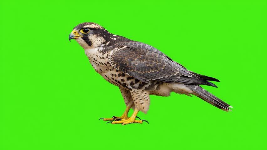 Majestic Peregrine Falcon Standing Proudly in Vibrant Chroma Green Ready for Flight with sharp focus detailed plumage