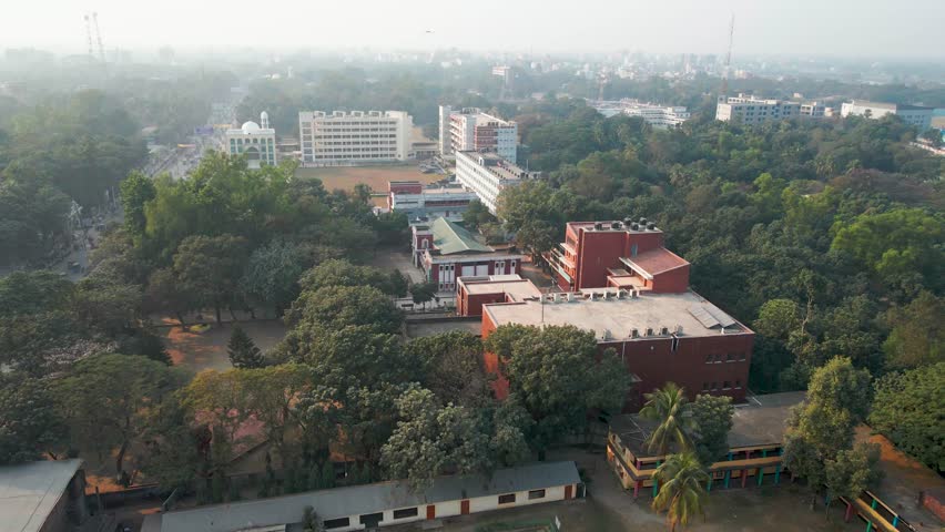 Breathtaking drone view showcasing tree garden with beautyful building in Bangladesh. Ideal for documentaries, travel content, and educational videos featuring architecture, culture, and nature.