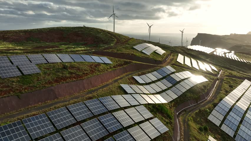 Solar energy panels photovoltaic cell and wind power plants on the seashore landscape for production of renewable green energy