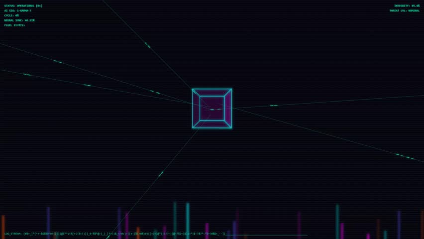 Cyberpunk animation: a rotating 3D AI core against a neon city skyline and grid. Features scanlines, data buses, and a dynamic HUD with futuristic readouts and glitch effects.