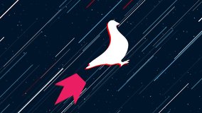 Bird pigeon symbol flies through the universe on a jet propulsion. The symbol in the center is shaking due to high speed. Seamless looped 4k animation on dark blue background with stars - Powered by Shutterstock - Get 15% off with code: PIKWIZARD15