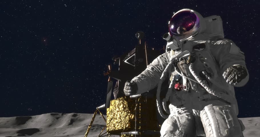 A 3D render of an Apollo 1 astronaut jumping on the Moon’s surface, with Earth half-lit in the sky, city lights visible. Behind him — the lunar module. Cosmic backdrop with stars and nebula.