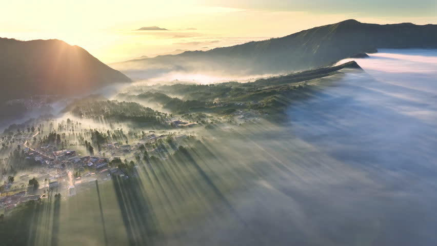 Aerial view of beautiful morning, Mount Bromo. Located in Bromo, Tengger, Semeru National Park, East Java, Indonesia.