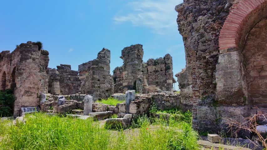 Roman baths ruins located in picturesque Thermae, Side, Turkey embodying grandeur of ancient Roman architecture