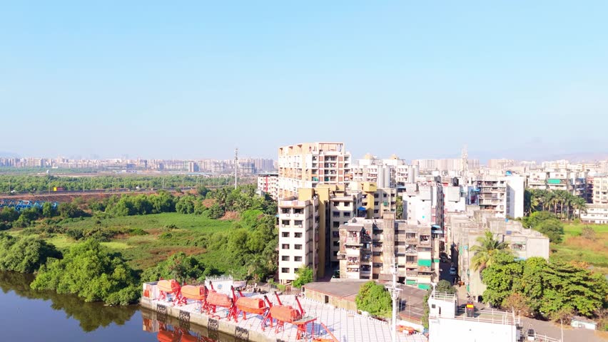 Aerial View Cityscape with Highways and Green Fields, Drone Capture of Residential Zone Beside Verdant Landscape, Urban Expansion Framed by Nature near Expressways, Housing Blocks along Traffic Routes