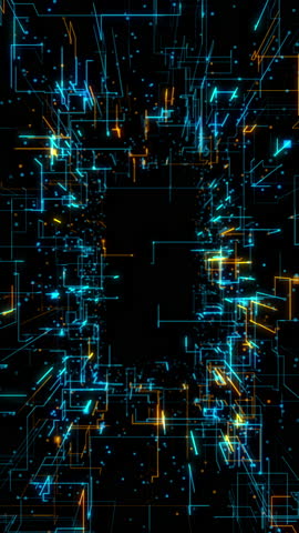 High-tech digital tunnel with glowing blue and orange neon circuit lines on a black vertical layout. Ideas for futuristic, sci-fi, and cyber technology themes. Background loop motion 4k
