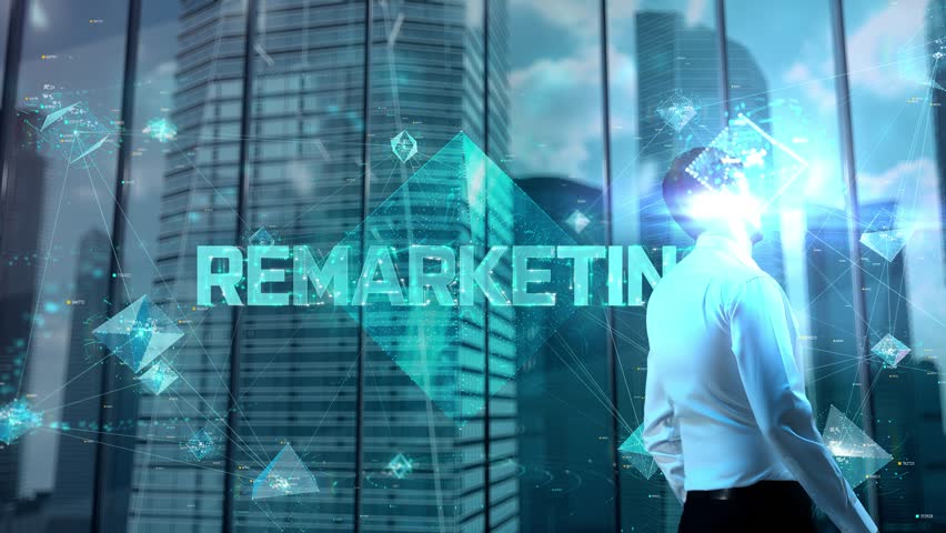 Remarketing. Businessman Working in Office among Skyscrapers. Hologram Concept