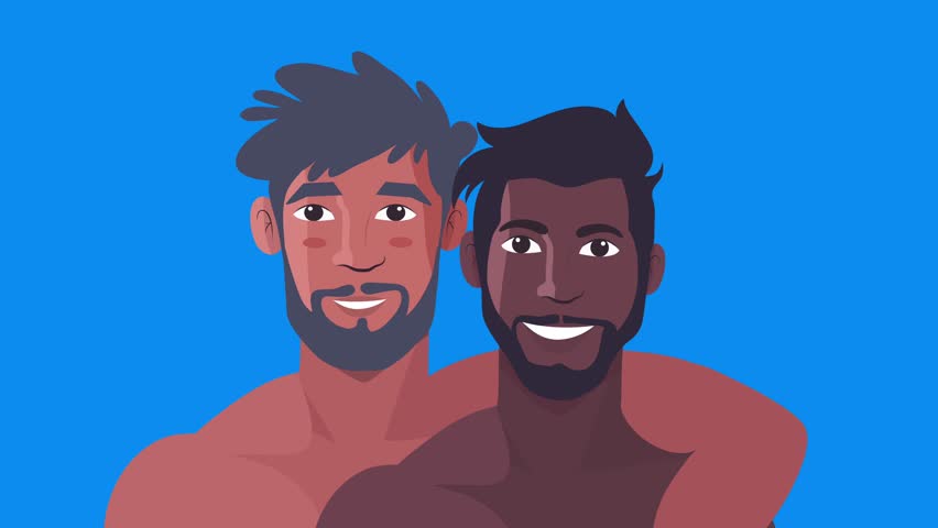 Shirtless duo with styled hair smiling confidently and posing side by side together