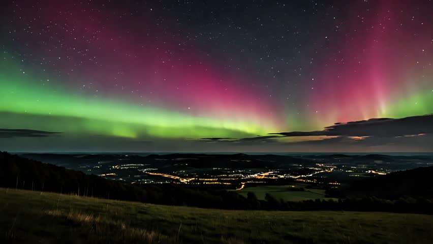 Bright Aurora Borealis Over Hills and Countryside 
