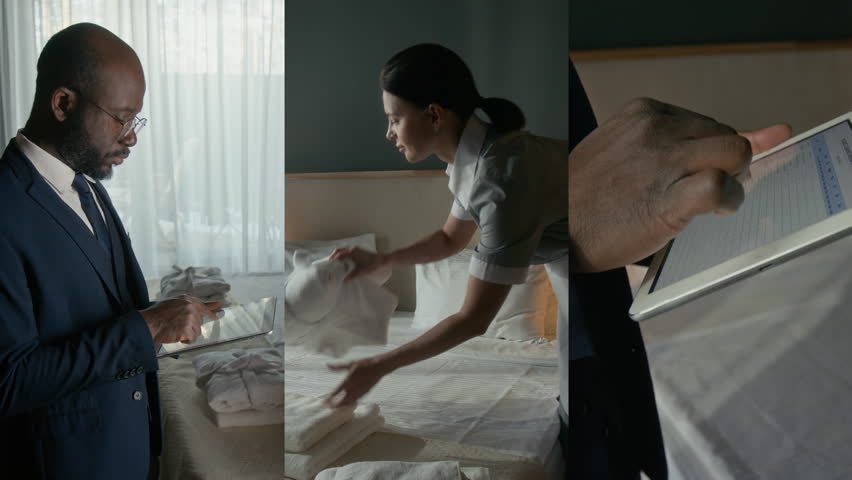 Split screen footage of African American hotel manager in formal suit supervising guest room and using digital tablet while female housekeeper making bed