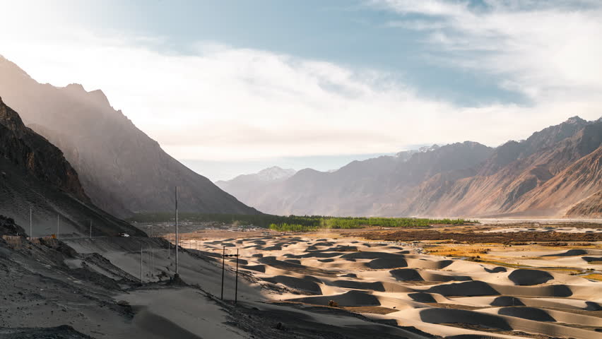 Sand Storm at Nubra Valley in Leh, India, Time lapse of landscape landmark view, viewpoint for travel tourism