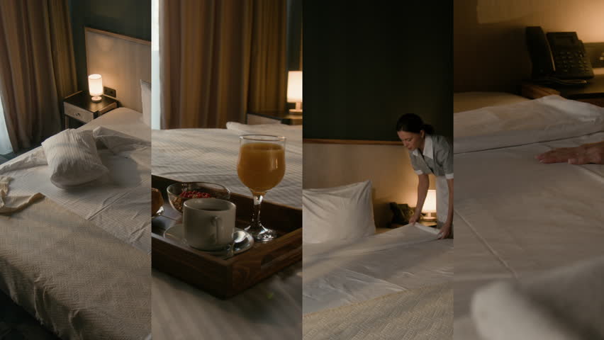 Split screen of female housekeeper bringing fresh towels and arranging pillow and blanket on bed with served breakfast in hotel room