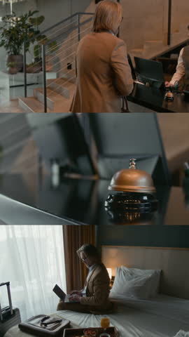 Vertical split screen video of guest arriving at hotel, service bell on reception desk, businessman working on laptop in his room