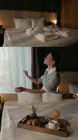 Vertical split screen video of neatly arranged bed with luggage nearby, female housekeeper opening curtains, freshly made breakfast served on wooden tray in hotel room