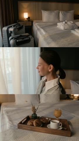 Vertical split screen video of neatly arranged bed with luggage nearby, female housekeeper opening curtains, freshly made breakfast served on wooden tray in hotel room