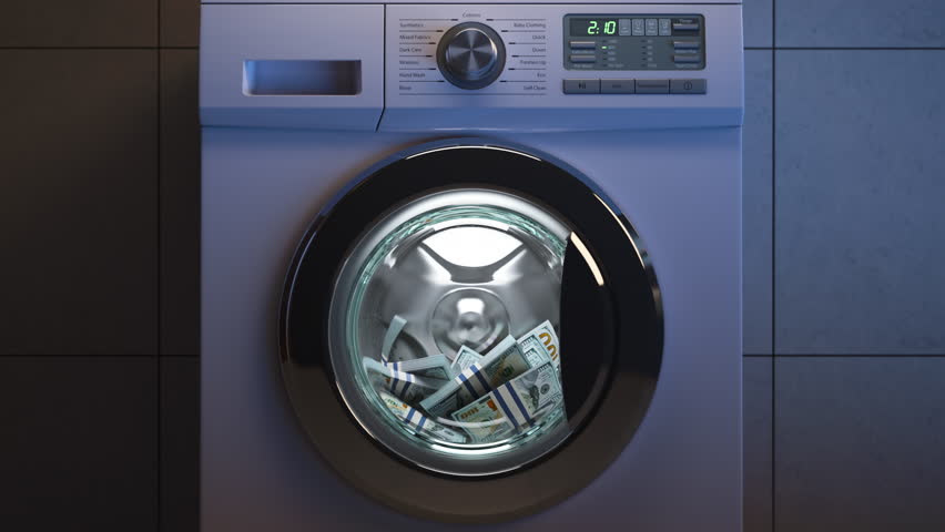 Money laundering concept. Washing machine full of dollar packs. 3d animation. 3D Illustration