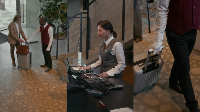 Split screen of businessman entering hotel lobby, bellhop assisting him with luggage and female receptionist helping during checkin at front desk
