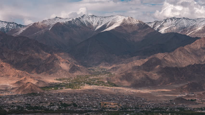 4K Timelapse rolling clouds over mountain , Leh, Ladakh, Jammu and Kashmir, India landscape view, tourism travel landmark