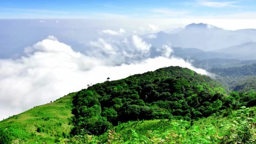 Panoramic View of Mountaintop with Clouds and Lush Greenery